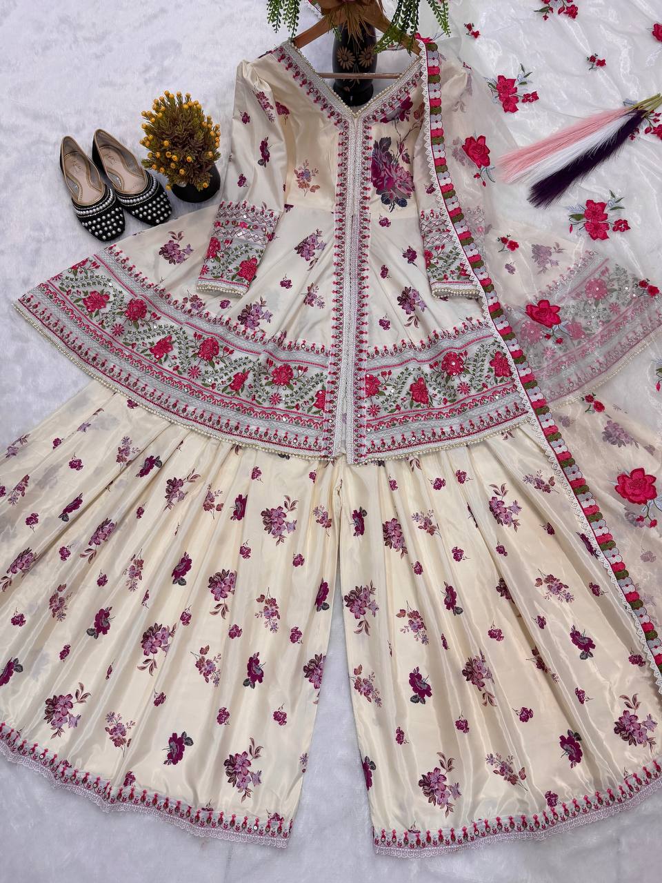 Ivory Beige Floral Couture Sharara Set - Festive Wear